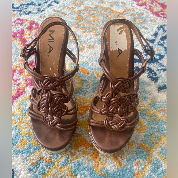 MIA Shoes - MIA Brown Leather Braided Espadrille Wedge Sandals 8